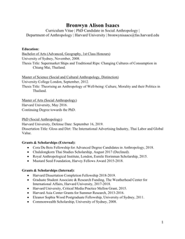 Bronwyn Alison Isaacs Curriculum Vitae | Phd Candidate in Social Anthropology | Department of Anthropology | Harvard University | Bronwynisaacs@Fas.Harvard.Edu