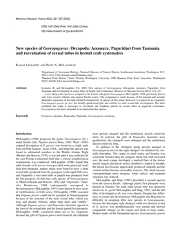 Decapoda: Anomura: Paguridae) from Tasmania and Reevaluation of Sexual Tubes in Hermit Crab Systematics