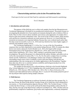 Characterizing Nutrient Cycles in Late Precambrian Lakes”, Lewis & Clark Fund for Exploration and Field Research in Astrobiology