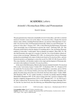ACADEMIA Letters Aristotle's Nicomachean Ethics and Protestantism