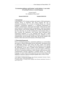 Ceremonious Politeness and Iranians' Social Relations: a Case Study of Teaching Persian As a Second Language 1. Introduction U