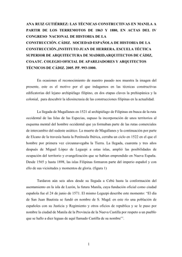 Las Técnicas Constructivas En Manila a Partir De Los Terremotos De 1863 Y 1880, En Actas Del Iv Congreso Nacional De Historia De La Construcción