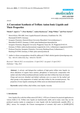 A Convenient Synthesis of Triflate Anion Ionic Liquids and Their Properties