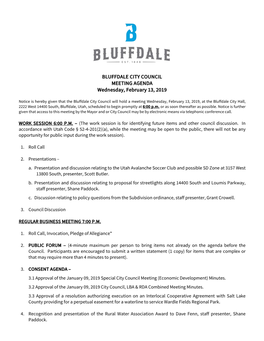 BLUFFDALE CITY COUNCIL MEETING AGENDA Wednesday, February 13, 2019