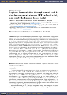 Boophone Haemanthoides (Amaryllidaceae) and Its Bioactive Compounds Attenuate MPP+-Induced Toxicity in an in Vitro Parkinson’S Disease Model