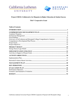 Project CHESS: Collaborative for Hispanics in Higher Education & Student Success Title V Cooperative Grant Table of Contents