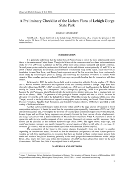 A Preliminary Checklist of the Lichen Flora of Lehigh Gorge State Park