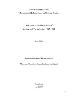 Reactions to the Persecution of the Jews of Thessaloniki, 1942-1943