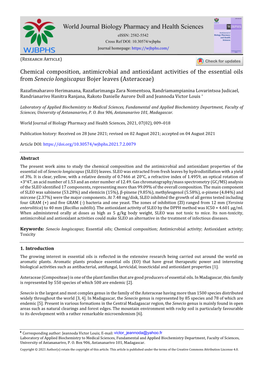 Chemical Composition, Antimicrobial and Antioxidant Activities of the Essential Oils from Senecio Longiscapus Bojer Leaves (Asteraceae)