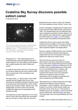 Ccatalina Sky Survey Discovers Possible Extinct Comet 21 December 2010