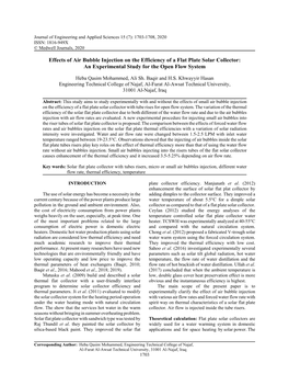 Effects of Air Bubble Injection on the Efficiency of a Flat Plate Solar Collector: an Experimental Study for the Open Flow System