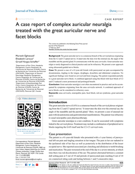 A Case Report of Complex Auricular Neuralgia Treated with the Great Auricular Nerve and Facet Blocks