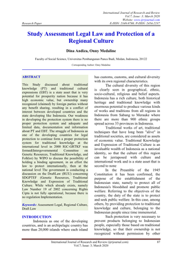 Study Assessment Legal Law and Protection of a Regional Culture