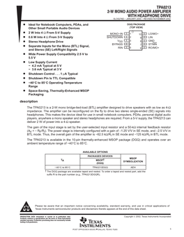 2-W Mono Audio Power Amp with Headphone Drive Datasheet