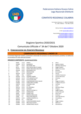 Stagione Sportiva 2020/2021 Comunicato Ufficiale N° 34 Del 7 Ottobre 2020 1