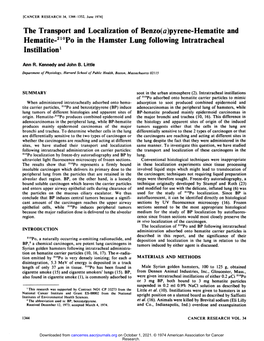 The Transport and Localization of Benzo(Â¿/)Pyrenã©-Hematiteand Hematite-210Po in the Hamster Lung Following Intratracheal Instillation1