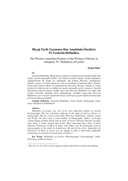 Lkçağ Tarih Yazımının Batı Anadolulu Öncüleri: IV-Lesboslu Hellanikos