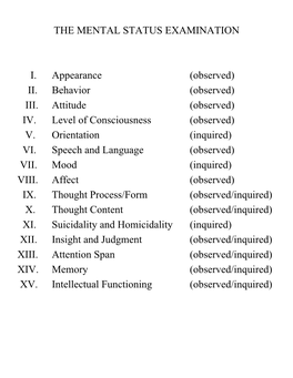 THE MENTAL STATUS EXAMINATION I. Appearance