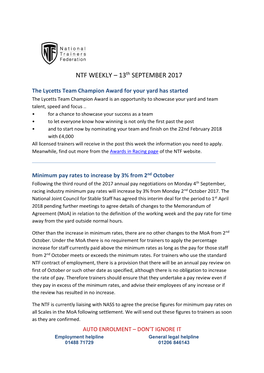 NTF WEEKLY – 13Th SEPTEMBER 2017