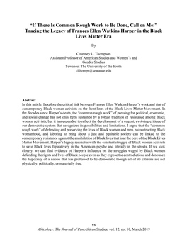 “If There Is Common Rough Work to Be Done, Call on Me:” Tracing the Legacy of Frances Ellen Watkins Harper in the Black Lives Matter Era