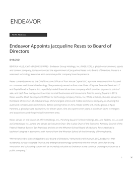 Endeavor Appoints Jacqueline Reses to Board of Directors