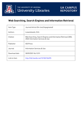 Web Searching, Search Engines and Information Retrieval