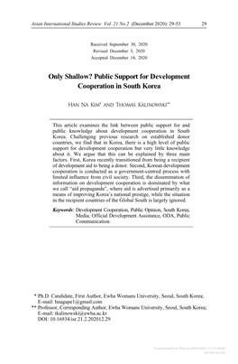Downloaded from Brill.Com09/30/2021 11:13:54AM Via Free Access 30 Only Shallow? Public Support for Development Cooperation in South Korea