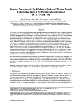 Uranium Geoscience in the Athabasca Basin and Western Canada Sedimentary Basin in Northwestern Saskatchewan (NTS 74F and 74K)