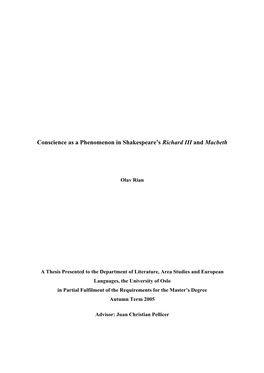 Conscience As a Phenomenon in Shakespeare's Richard III And