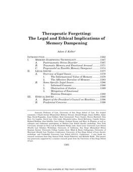 Therapeutic Forgetting: the Legal and Ethical Implications of Memory Dampening