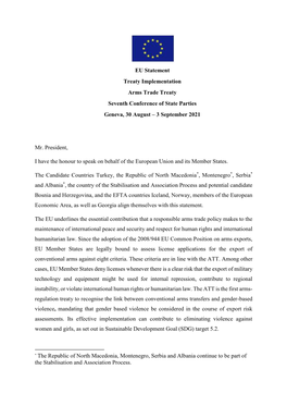 EU Statement Treaty Implementation Arms Trade Treaty Seventh Conference of State Parties Geneva, 30 August – 3 September 2021