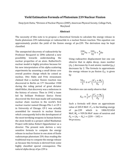 Yield Estimation Formula of Plutonium 239 Nuclear Fission