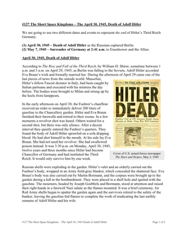 127 the Short Space Kingdoms – the April 30, 1945, Death of Adolf Hitler