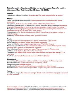 Transformative Works and Cultures, Special Issues: Transformative Works and Fan Activism, No