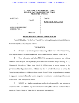 IN the UNITED STATES DISTRICT COURT for the EASTERN DISTRICT of TEXAS MARSHALL DIVISION § M-RED INC., § Case No