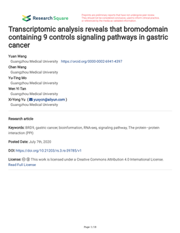 Transcriptomic Analysis Reveals That Bromodomain Containing 9 Controls Signaling Pathways in Gastric Cancer