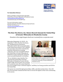 The Bon-Ton Stores, Inc. Raises Record Amount for United Way Of