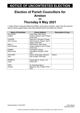 Election of Parish Councillors for Arreton on Thursday 6 May 2021