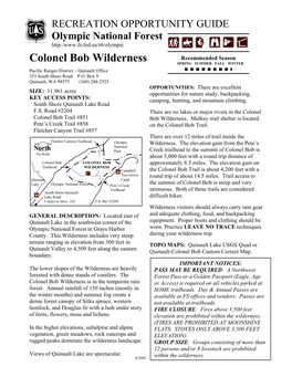 Colonel Bob Wilderness SPRING SUMMER FALL WINTER Pacific Ranger District – Quinault Office 353 South Shore Road P.O