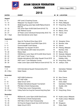Asian Squash Federation Calendar 2015