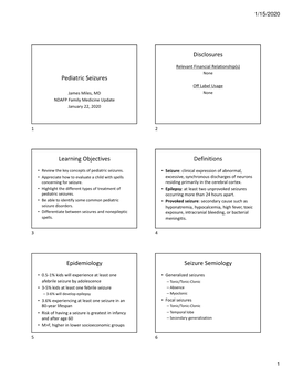 Pediatric Seizures Disclosures Learning Objectives Definitions