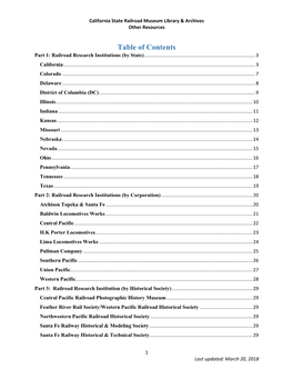 Table of Contents Part 1: Railroad Research Institutions (By State)