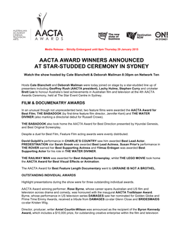 Aacta Award Winners Announced at Star-Studded Ceremony in Sydney