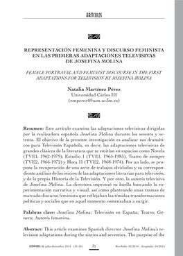 Representación Femenina Y Discurso Feminista En Las Primeras Adaptaciones Televisivas De Josefina Molina