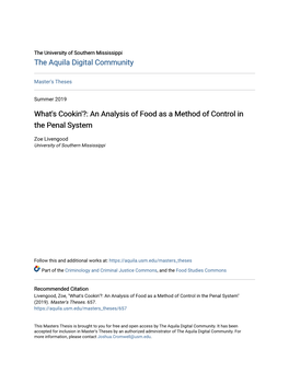 What's Cookin'?: an Analysis of Food As a Method of Control in the Penal System