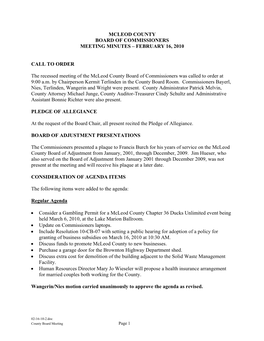 Mcleod County Board of Commissioners Meeting Minutes – February 16, 2010