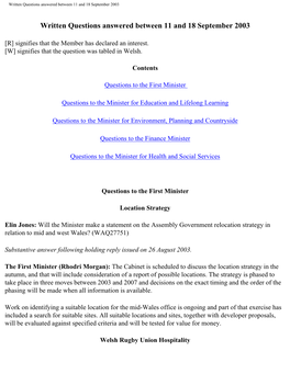 Written Questions Answered Between 11 and 18 September 2003