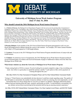 University of Michigan Seven Week Seniors Program June 17-July 31, 2016