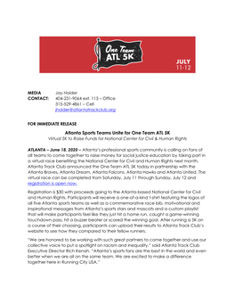 Atlanta Sports Teams Unite for One Team ATL 5K Virtual 5K to Raise Funds for National Center for Civil & Human Rights