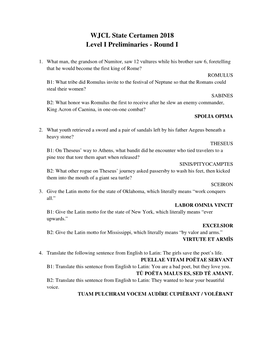 WJCL State Certamen 2018 Level I Preliminaries - Round I